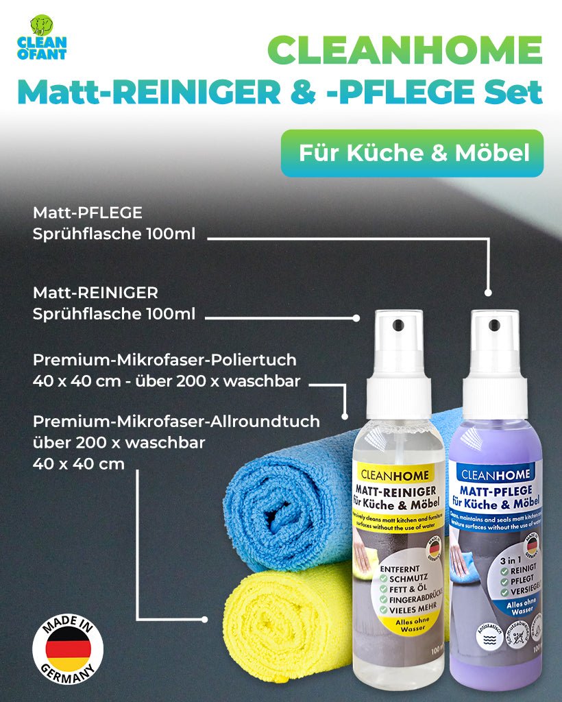 CLEANHOME Matt - REINIGER + Matt - PFLEGE Set für Küche & Möbel - CLEANEXTREME