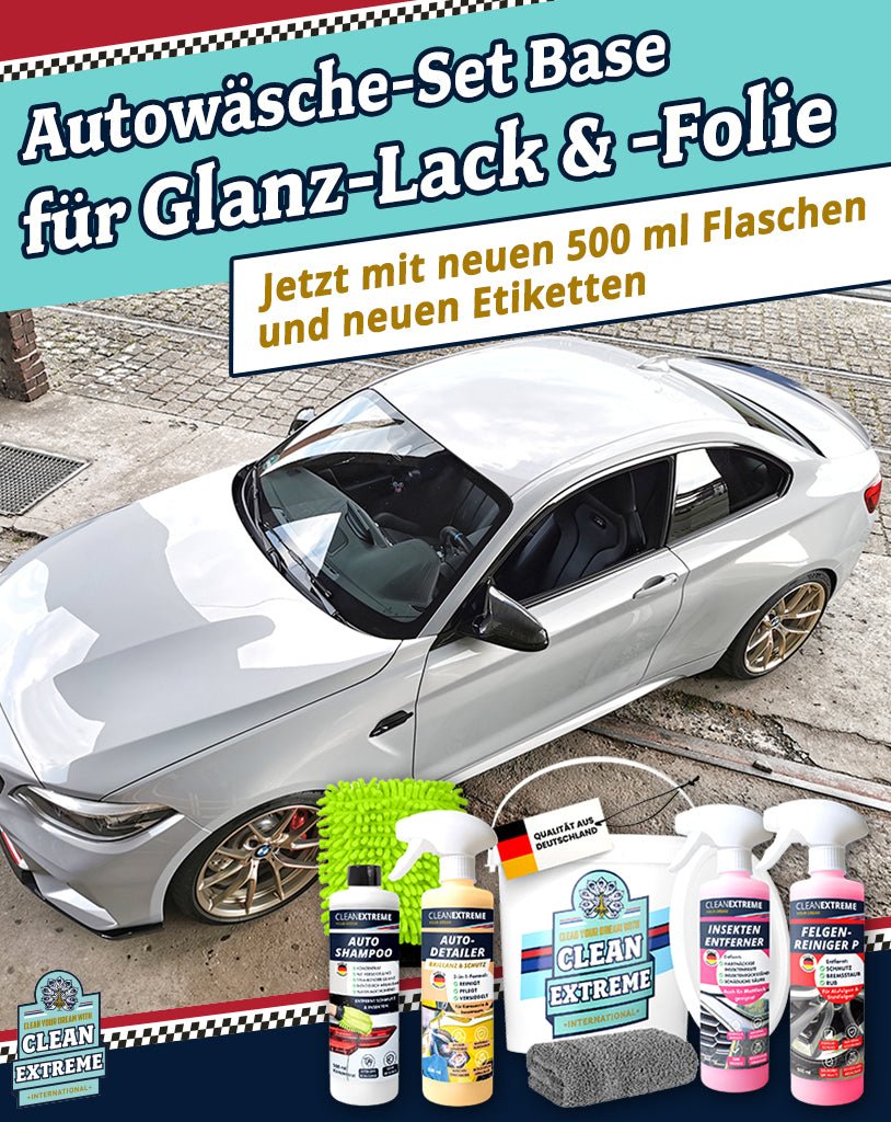 Auto-Wasch-Set Base Glanz Lack & Folie - Glanz-Shampoo mit Wachs Felgenreiniger pH-neutral Insektenentferner Auto-Detailer inkl. Wasch-Zubehör & Wasch-Eimer mit Deckel - CLEANEXTREME
