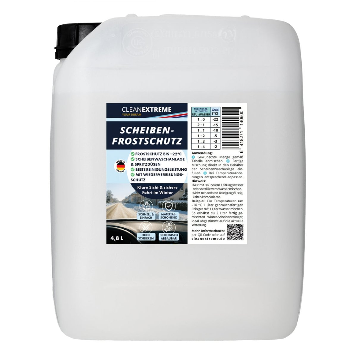 CLEANEXTREME Winter - Profi - Set Frostschutz & Enteiser – 4,8 L Wischwasser + 500 ml Enteiser - Spray - CLEANEXTREME