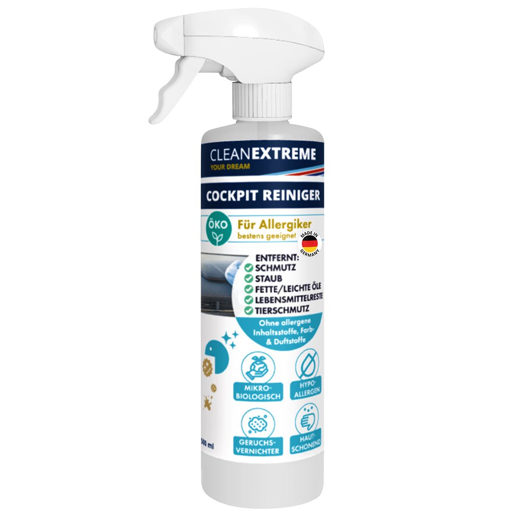 CLEANEXTREME Cockpitreiniger Mikrobiologisch Allergiker - 500 ml + Mikrofaser - Reinigungshandschuh Innenraum entfernt Schmutz, Staub, Fette, leichte Öle, Kosmetik - Rückstände, klebrige Getränkerückstände, Lebensmittelreste, Tierschmutz umv. - CLEANEXTREME