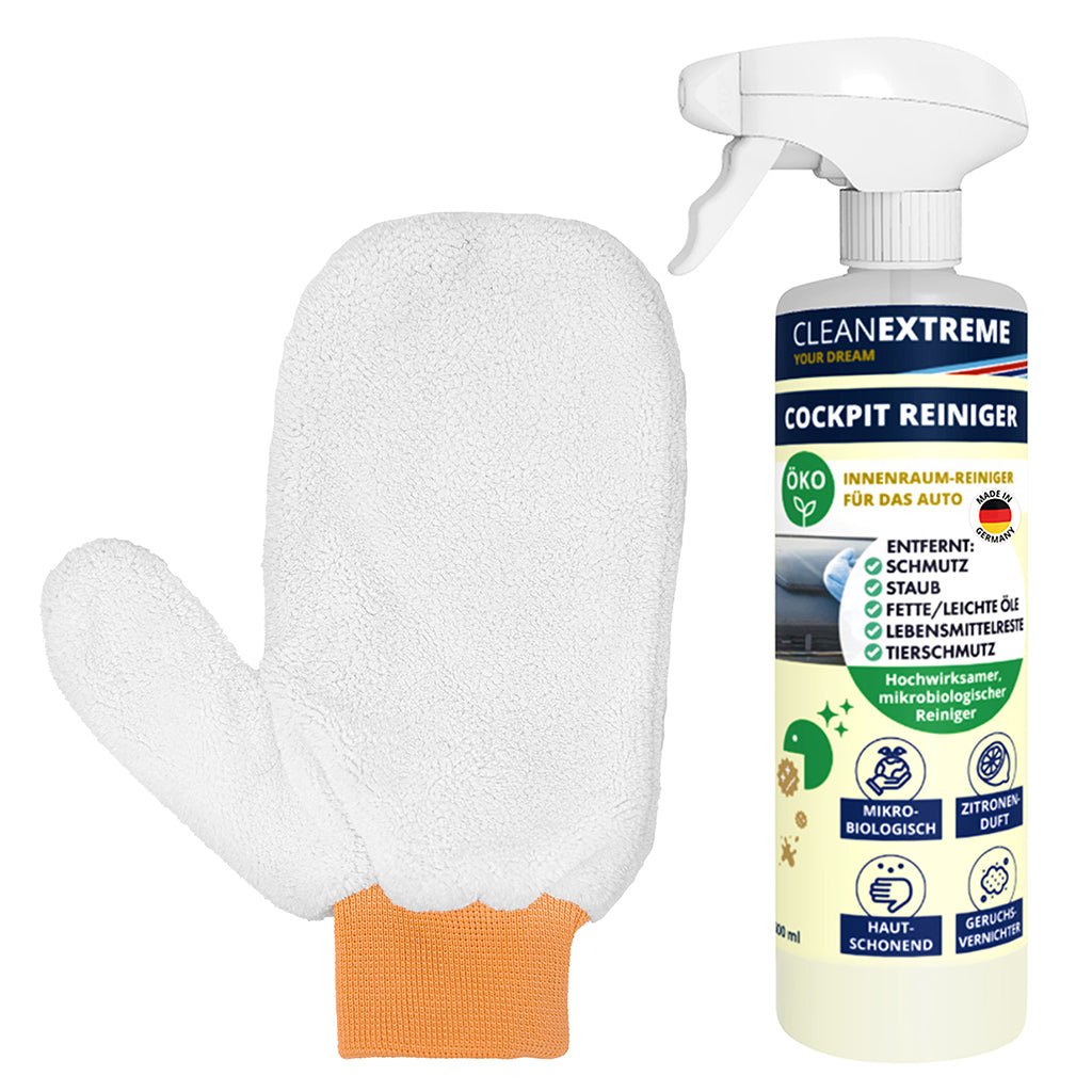 CLEANEXTREME Cockpitreiniger Mikrobiologisch Duft Zitrone - 500 ml + Mikrofaser - Reinigungshandschuh Innenraum - entfernt Staub, Fette, leichte Öle, Kosmetik - Rückstände, klebrige Getränkerückstände, Lebensmittelreste, Tierschmutz umv. - CLEANEXTREME