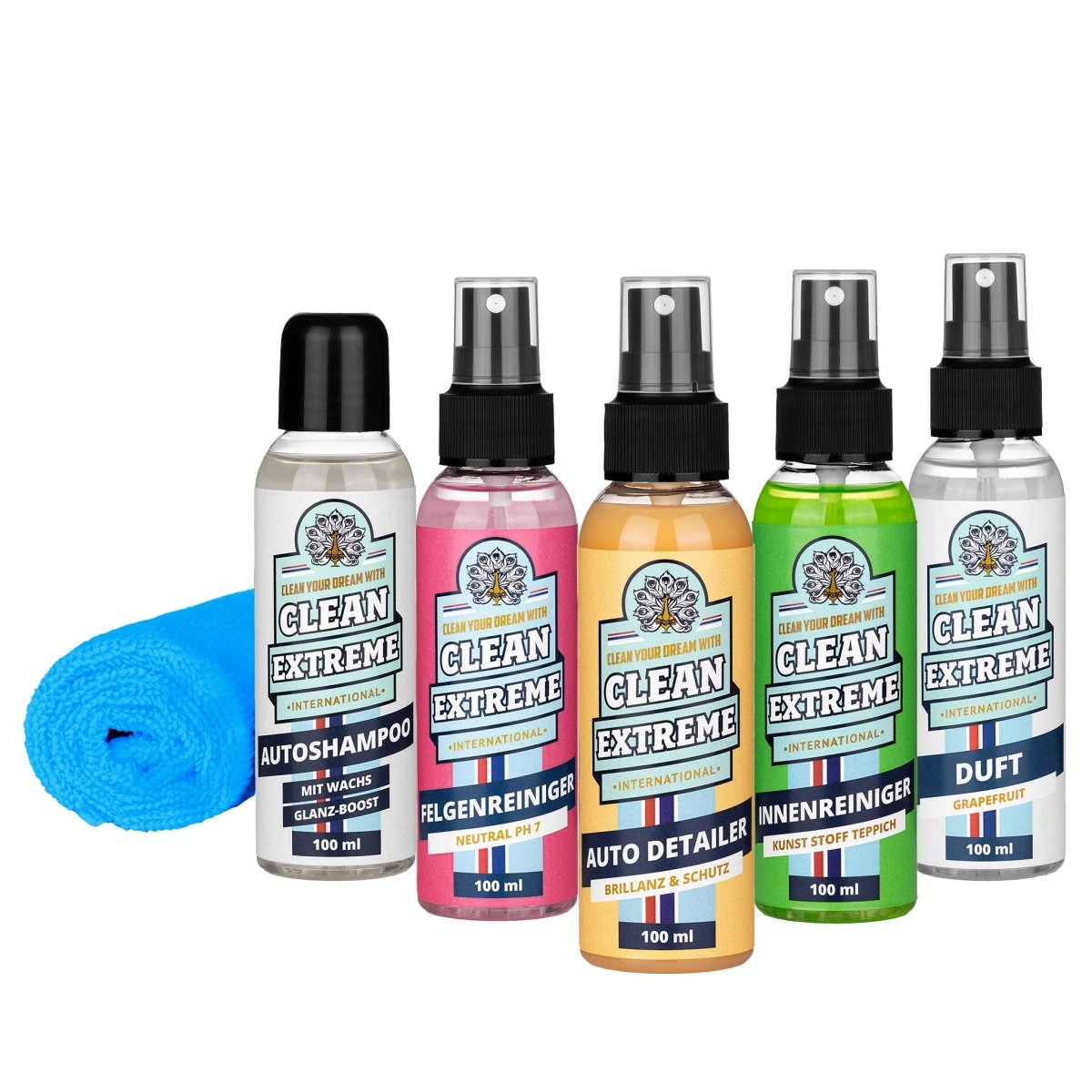 Kennenlern - Set Auto Außen & Innen - Reinigung & Pflege Produkte - Autoshampoo mit Wachs - Felgenreiniger pH - neutral - Detailer für Glanz - Lack & Glanz - Autofolie + Mikrofaser Poliertuch - Auto - Innenreiniger & Autoduft Grapefruit Lufterfrischer - CLEANEXTREME
