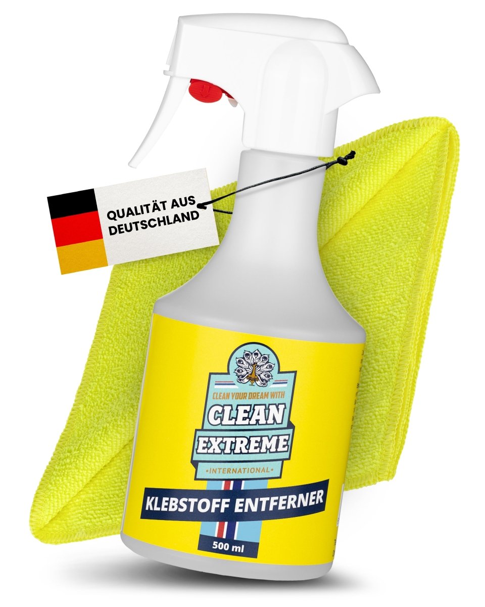 Aufkleber + Klebstoff - ENTFERNER - Klebstofflöser 500 ml entfernt schnell & sauber Klebstoffreste - gute Kriech - Eigenschaften ermöglichen ein leichteres Abziehen älterer Aufkleber - materialschonend + 1 x Mikrofaser Allroundtuch GELB - CLEANEXTREME