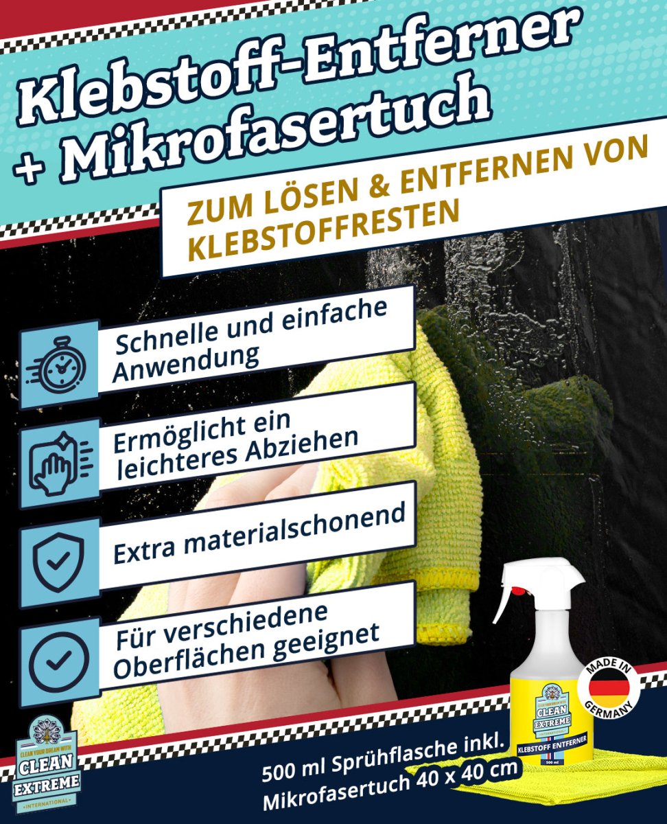 Aufkleber + Klebstoff - ENTFERNER - Klebstofflöser 500 ml entfernt schnell & sauber Klebstoffreste - gute Kriech - Eigenschaften ermöglichen ein leichteres Abziehen älterer Aufkleber - materialschonend + 1 x Mikrofaser Allroundtuch GELB - CLEANEXTREME