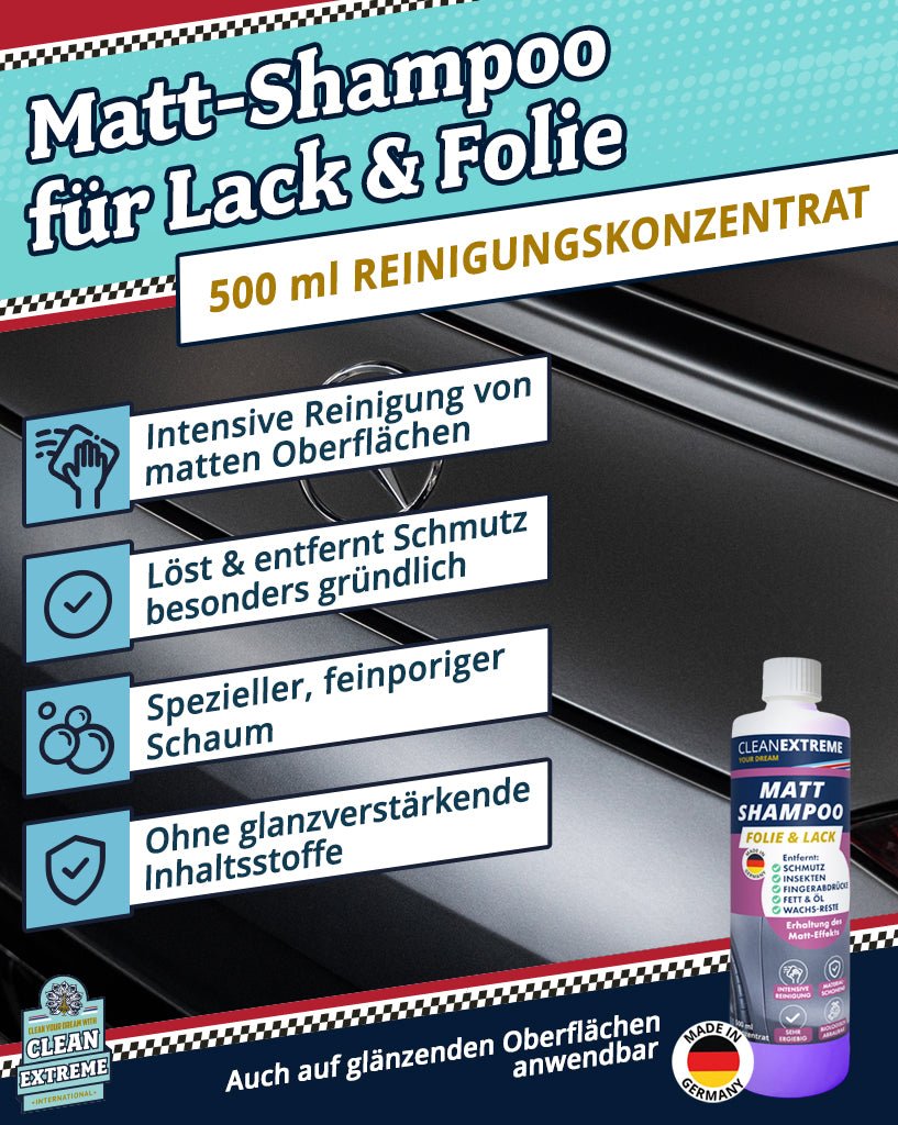 Mattlack Auto - Shampoo Folie & Lack Konzentrat 500 ml + Waschhandschuh - CLEANEXTREME