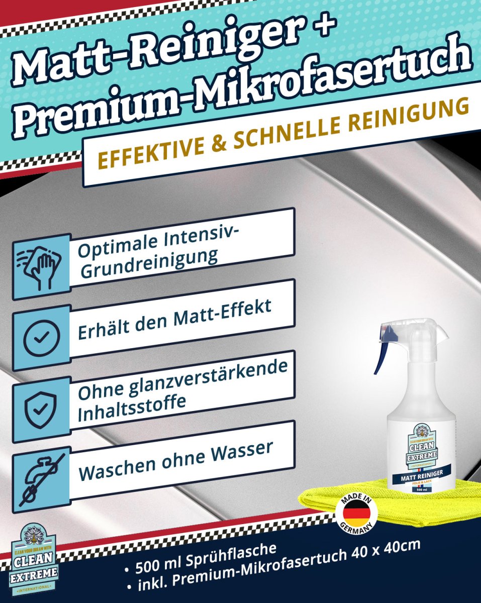 Auto Matt Reiniger Set Folie & Lack 500 ml + MICRO Allroundtuch GELB Set entfernt Schmutz, Öl & Fett, Fingerabdrücke, Wachs - Reste einfach & schnell - CLEANEXTREME