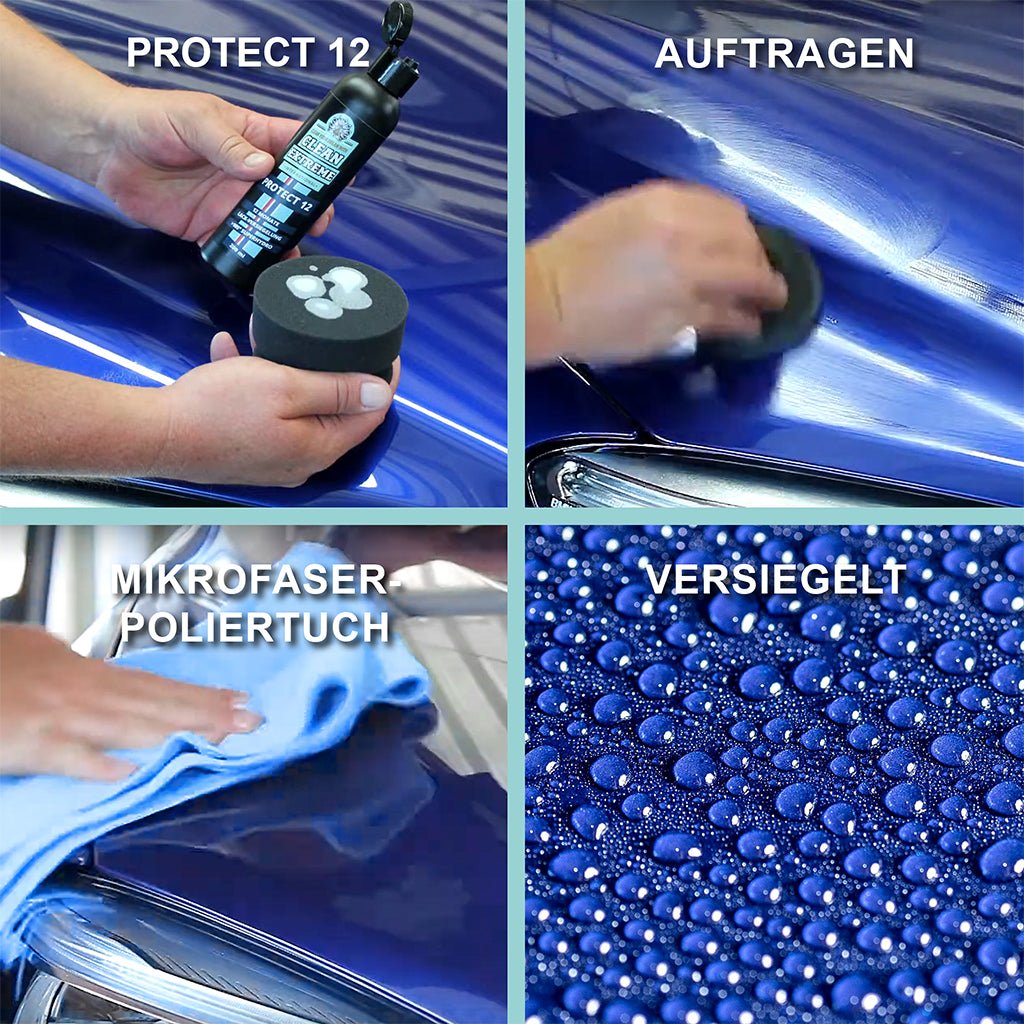 PROTECT 12 Auto - Lackversiegelung >105° superhydrophob - Set Haltbarkeit bis zu 12 Monate kristallharte Schutzschicht hervorragender Beading - & Sheeting Effekt Langzeit - Schutz - leichte und schnelle Verarbeitung - CLEANEXTREME