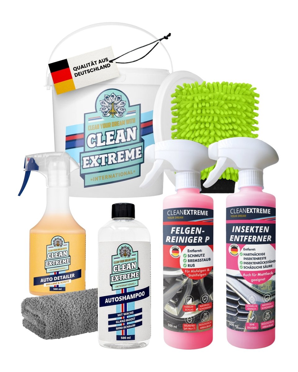 Auto - Wasch - Set Base Glanz Lack & Folie - Glanz - Shampoo mit Wachs Felgenreiniger pH - neutral Insektenentferner Auto - Detailer inkl. Wasch - Zubehör & Wasch - Eimer mit Deckel - CLEANEXTREME