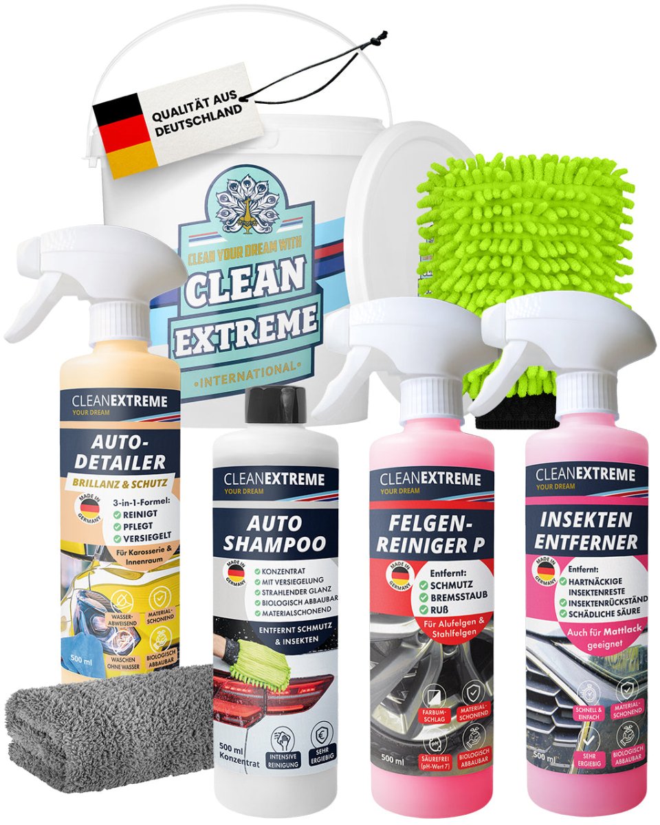 Auto-Wasch-Set Base Glanz Lack & Folie - Glanz-Shampoo mit Wachs Felgenreiniger pH-neutral Insektenentferner Auto-Detailer inkl. Wasch-Zubehör & Wasch-Eimer mit Deckel - CLEANEXTREME