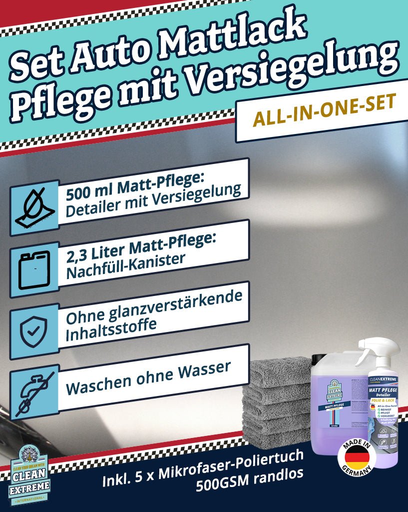 Auto Matt Pflege Folie & Lack mit Versiegelung - Detailer - 2,3 Liter + 500 ml + 5x Poliertuch - CLEANEXTREME