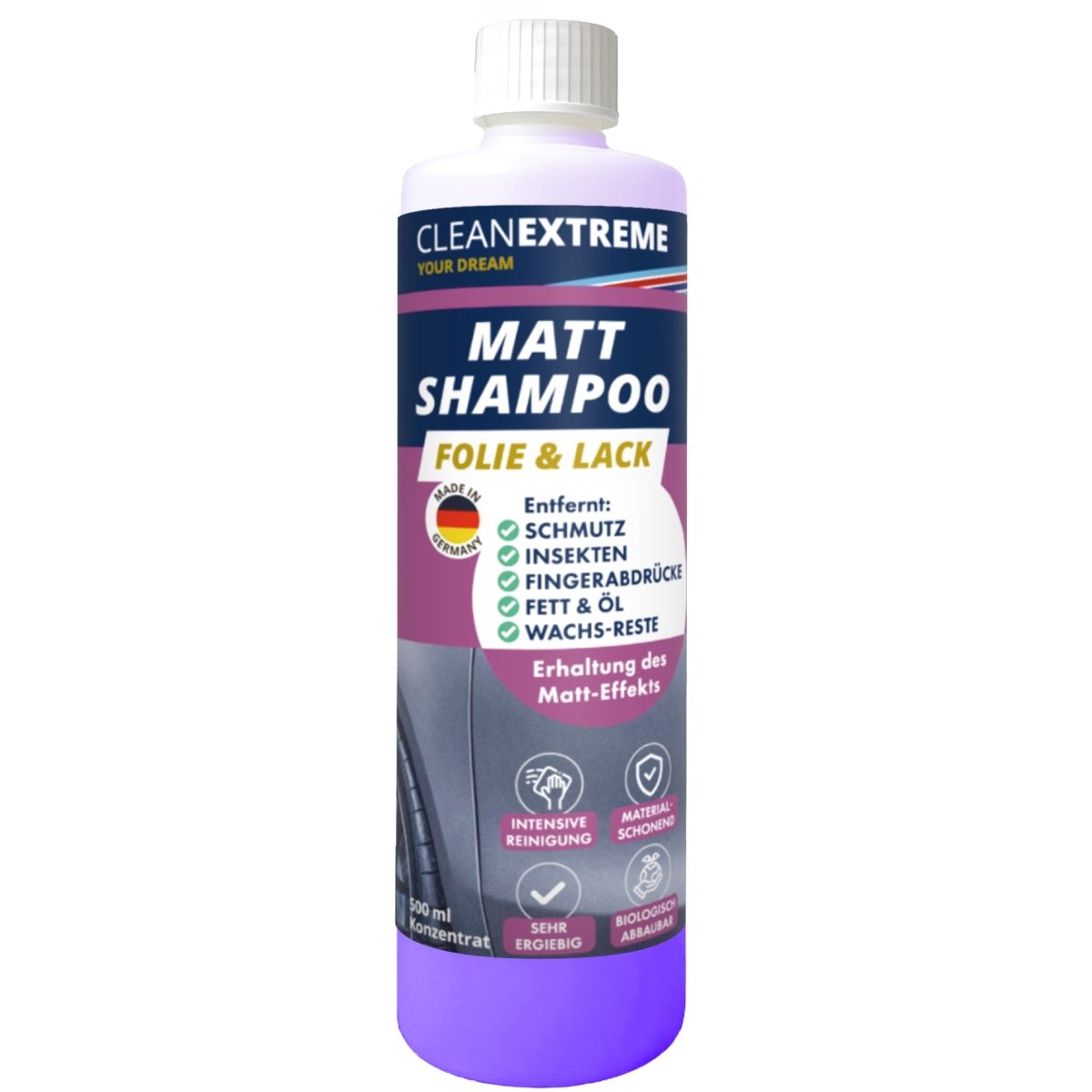 Mattlack Auto - Shampoo Folie & Lack Konzentrat 500 ml + Waschhandschuh - CLEANEXTREME