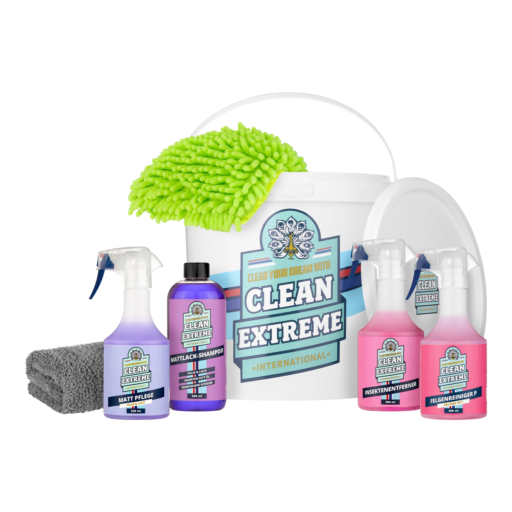 Set de lavado para el coche base con lámina mate y barniz - champú con barniz mate, limpiador de llantas, eliminador de insectos con pH neutro, detalles para el cuidado del coche, incluye accesorios de lavado y cubo de lavado con tapa