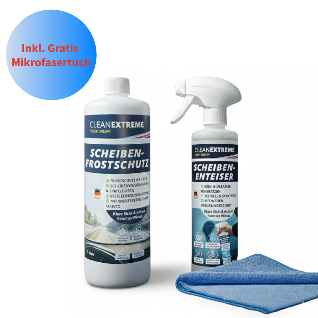 Winter-Sicht-Set – Scheibenreiniger 1 L & Enteiser-Spray 500 ml + Gratis Premium-Mikrofaser-Tuch