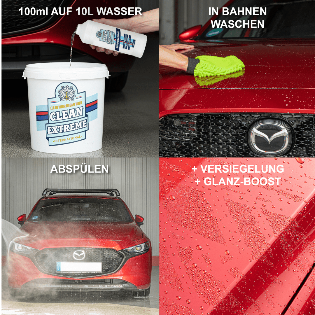 Set Autoshampoo Konzentrat mit Wachs 1 Liter reinigt effektiv einfach schnell & versiegelt Glanz - Lack Glanz - Autofolie uvm. ergiebig - Glanz - Boost - schmutz - & wasserabstoßend+ Mikrofaser - Waschhandschuh - CLEANEXTREME