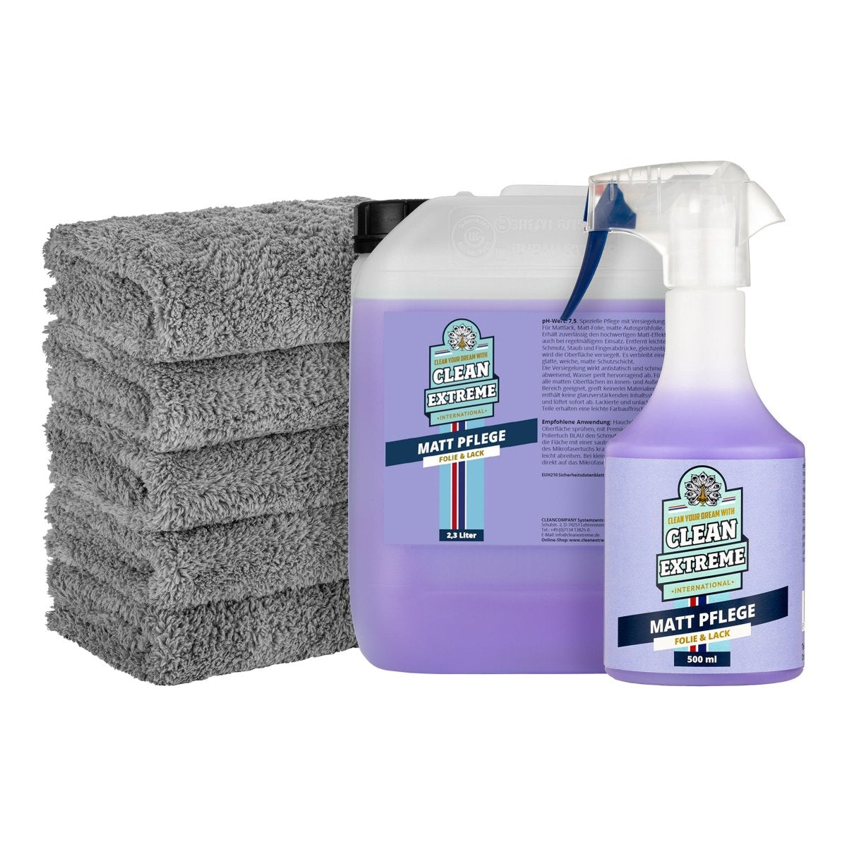 CLEANEXTREME Matt Pflege Folie & Lack mit Versiegelung - Detailer - 2,3 Liter + 500 ml + MICRO Poliertuch GRAU FLUFFY Set - CLEANEXTREME