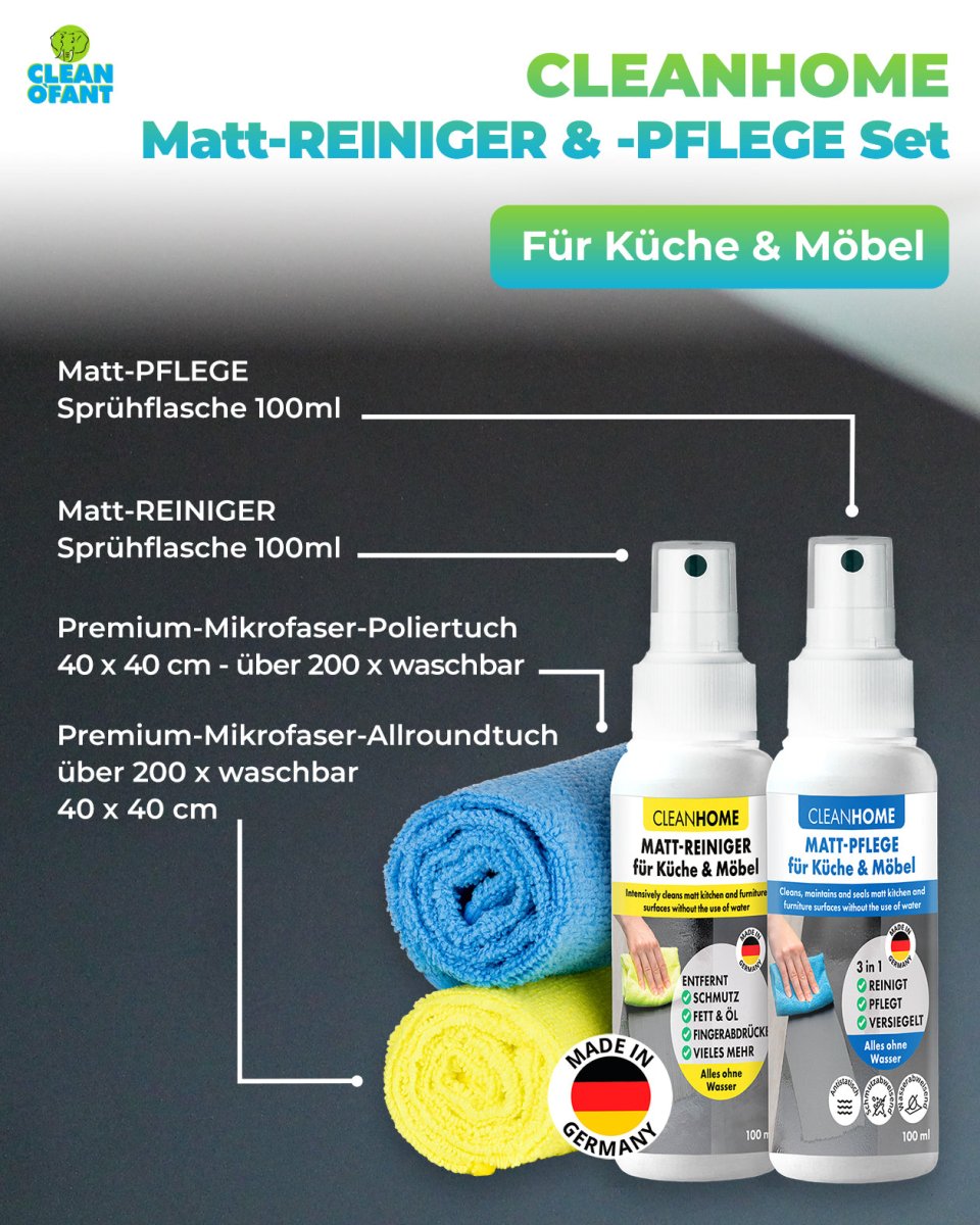 Matt - SAUBER + Matt - PFLEGE - SET für matte Fronten bei Küchen - und Möbel - CLEANEXTREME
