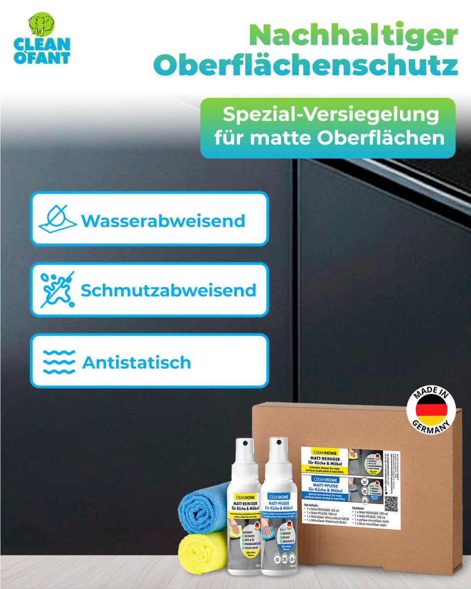 Matt - SAUBER + Matt - PFLEGE - SET für matte Fronten bei Küchen - und Möbel - CLEANEXTREME