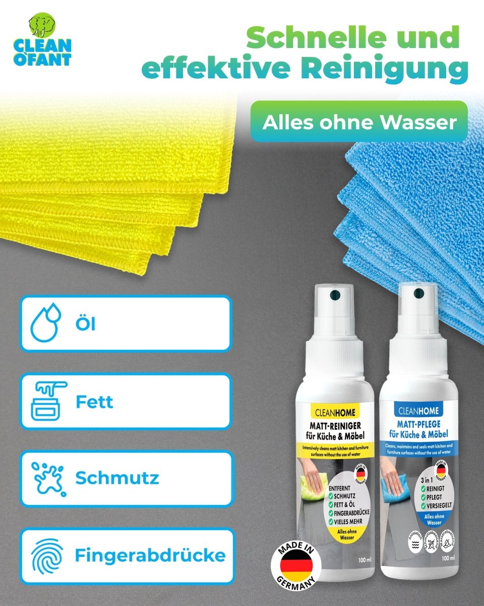 Matt - SAUBER + Matt - PFLEGE - SET für matte Fronten bei Küchen - und Möbel - CLEANEXTREME