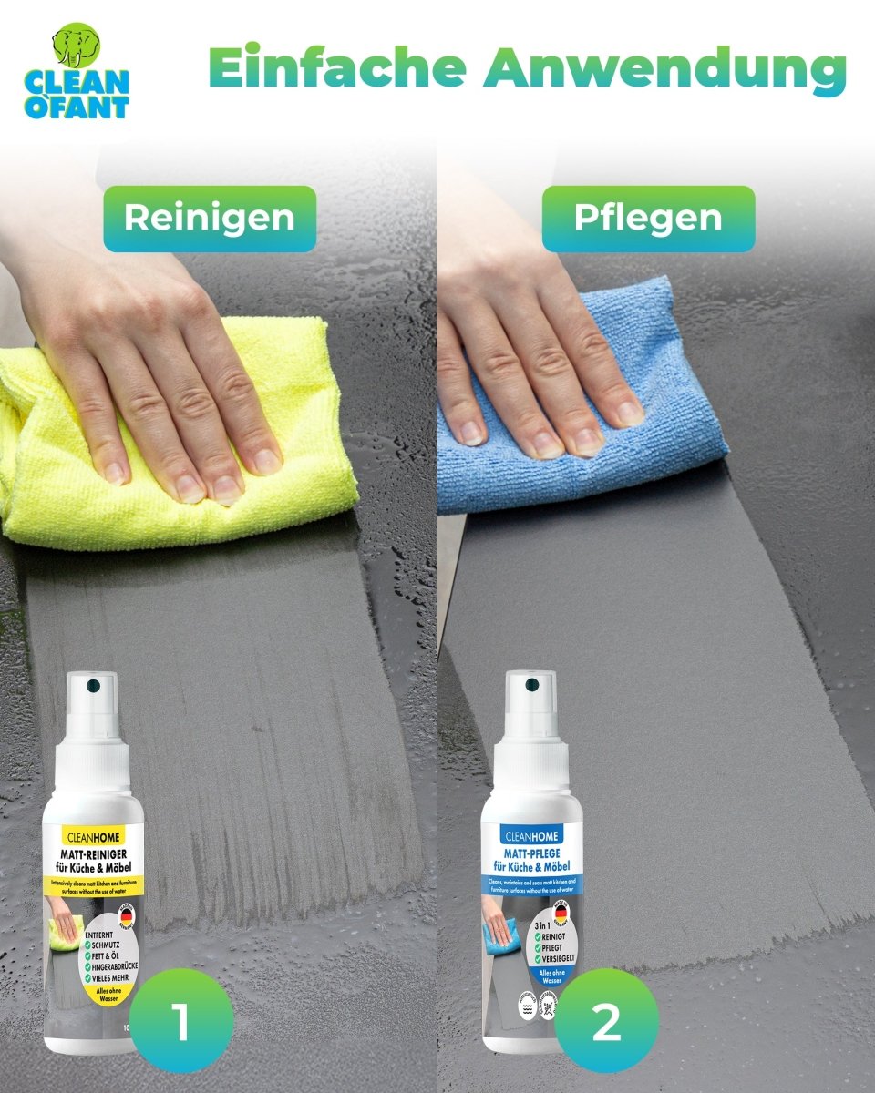 Matt - SAUBER + Matt - PFLEGE - SET für matte Fronten bei Küchen - und Möbel - CLEANEXTREME