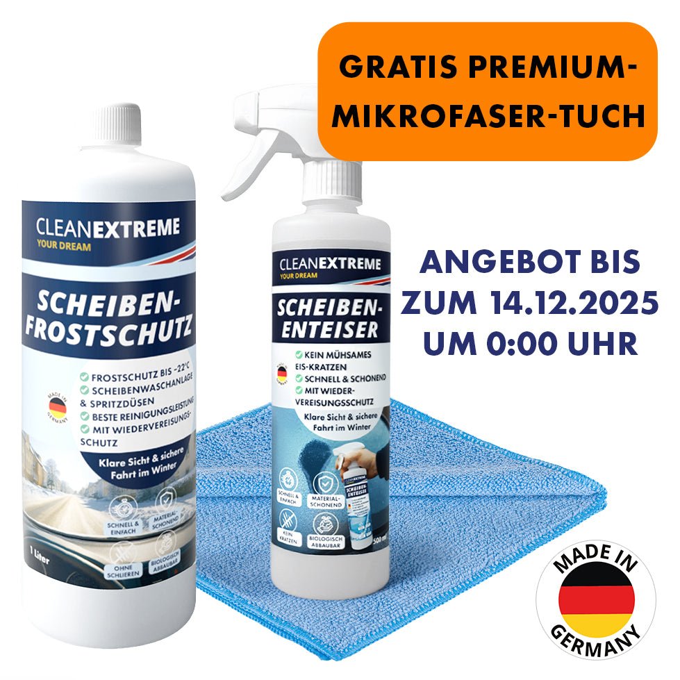 Winter - Sicht - Set – Scheibenreiniger 1 L & Enteiser - Spray 500 ml + Gratis Premium - Mikrofaser - Tuch - CLEANEXTREME