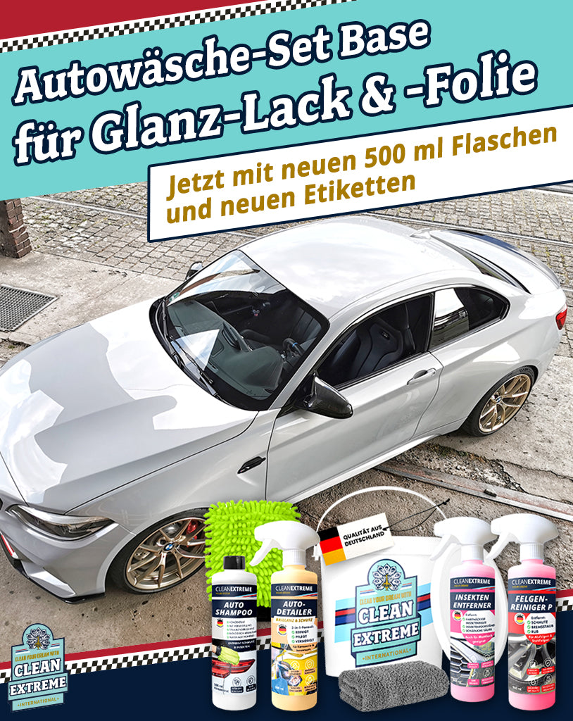 Auto-Wasch-Set Base Glanz Lack & Folie - Glanz-Shampoo mit Wachs Felgenreiniger pH-neutral Insektenentferner Auto-Detailer inkl. Wasch-Zubehör & Wasch-Eimer mit Deckel