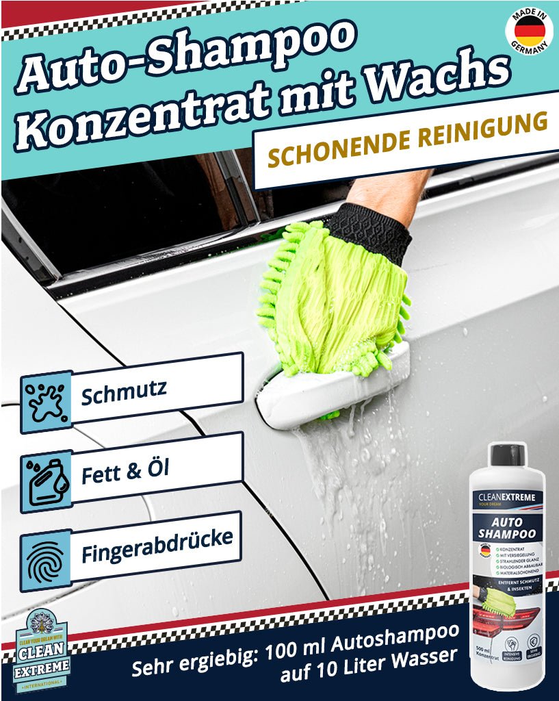 Auto-Wasch-Set Base Glanz Lack & Folie - Glanz-Shampoo mit Wachs Felgenreiniger pH-neutral Insektenentferner Auto-Detailer inkl. Wasch-Zubehör & Wasch-Eimer mit Deckel - CLEANEXTREME