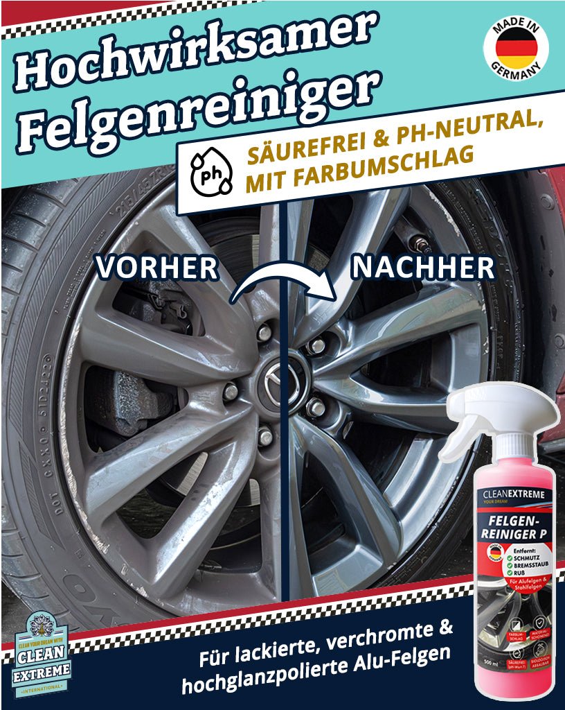 Auto-Wasch-Set Base Glanz Lack & Folie - Glanz-Shampoo mit Wachs Felgenreiniger pH-neutral Insektenentferner Auto-Detailer inkl. Wasch-Zubehör & Wasch-Eimer mit Deckel - CLEANEXTREME