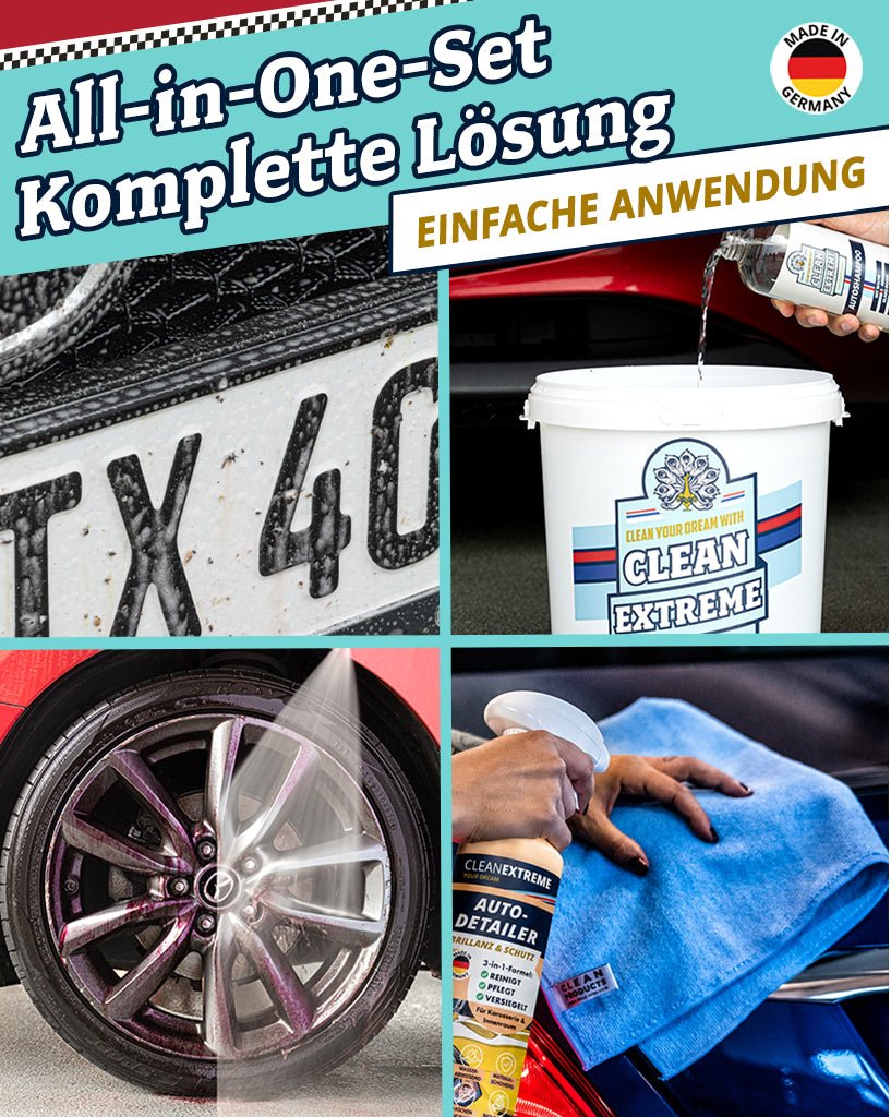 Auto-Wasch-Set Base Glanz Lack & Folie - Glanz-Shampoo mit Wachs Felgenreiniger pH-neutral Insektenentferner Auto-Detailer inkl. Wasch-Zubehör & Wasch-Eimer mit Deckel - CLEANEXTREME