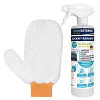 CLEANEXTREME Cockpitreiniger Mikrobiologisch Allergiker 500ml + Mikrofaser - Reinigungshandschuh Innenraum entfernt Schmutz, Staub, Fette, leichte Öle, Tierschmutz umv. - CLEANEXTREME