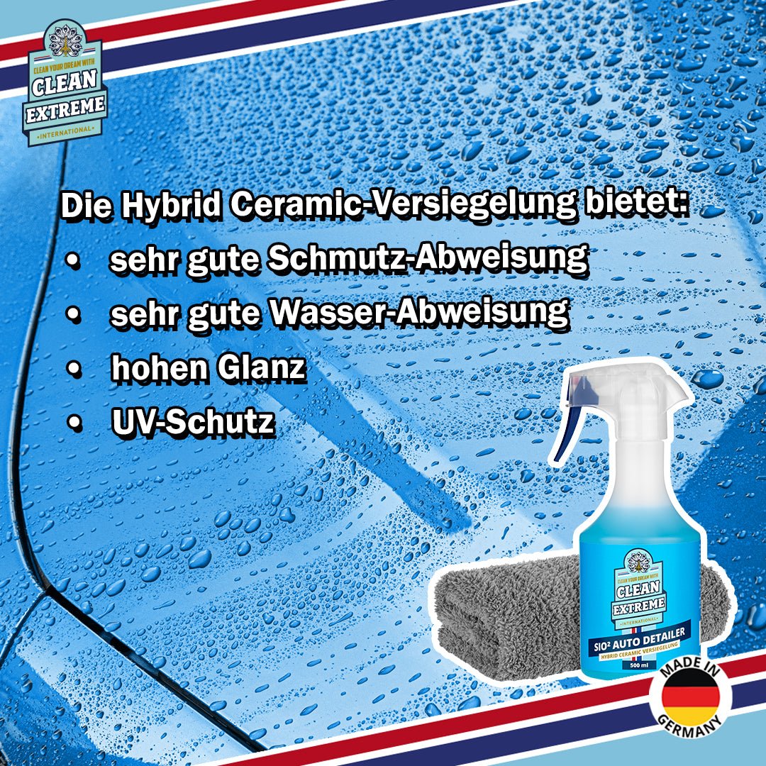 SIO² Auto - Detailer (Lackpflege) - 500 ml Schnellreiniger mit Ceramic - Versiegelung für Lack & Autofolie - sehr gutes Abperlverhalten Wasserabweisung - hoher Glanz mit UV - Schutz + MICRO Poliertuch GRAU FLUFFY - Randlos - 500GSM Set - CLEANEXTREME