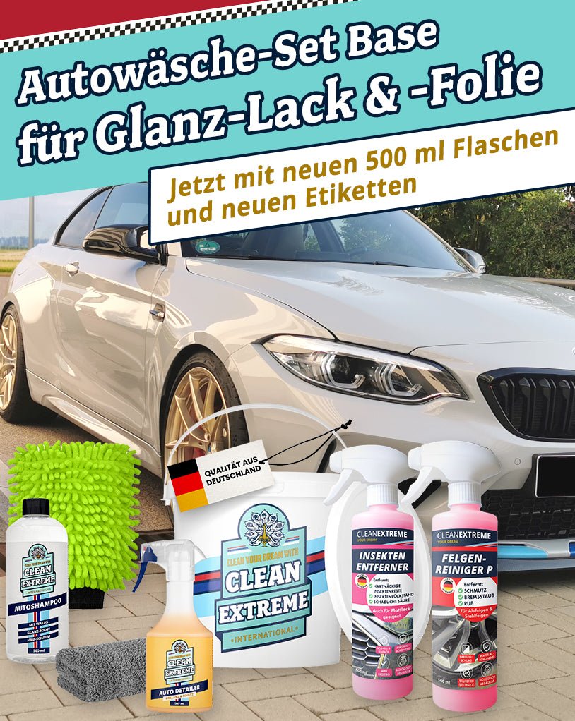 Auto - Wasch - Set Base Glanz Lack & Folie - Glanz - Shampoo mit Wachs Felgenreiniger pH - neutral Insektenentferner Auto - Detailer inkl. Wasch - Zubehör & Wasch - Eimer mit Deckel - CLEANEXTREME