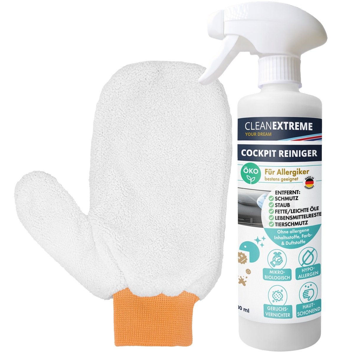 Cockpitreiniger Allergiker Mikrobiologie statt Chemie ohne Farb - und Duftstoffe - 500 ml + Mikrofaser - Reinigungshandschuh - CLEANEXTREME