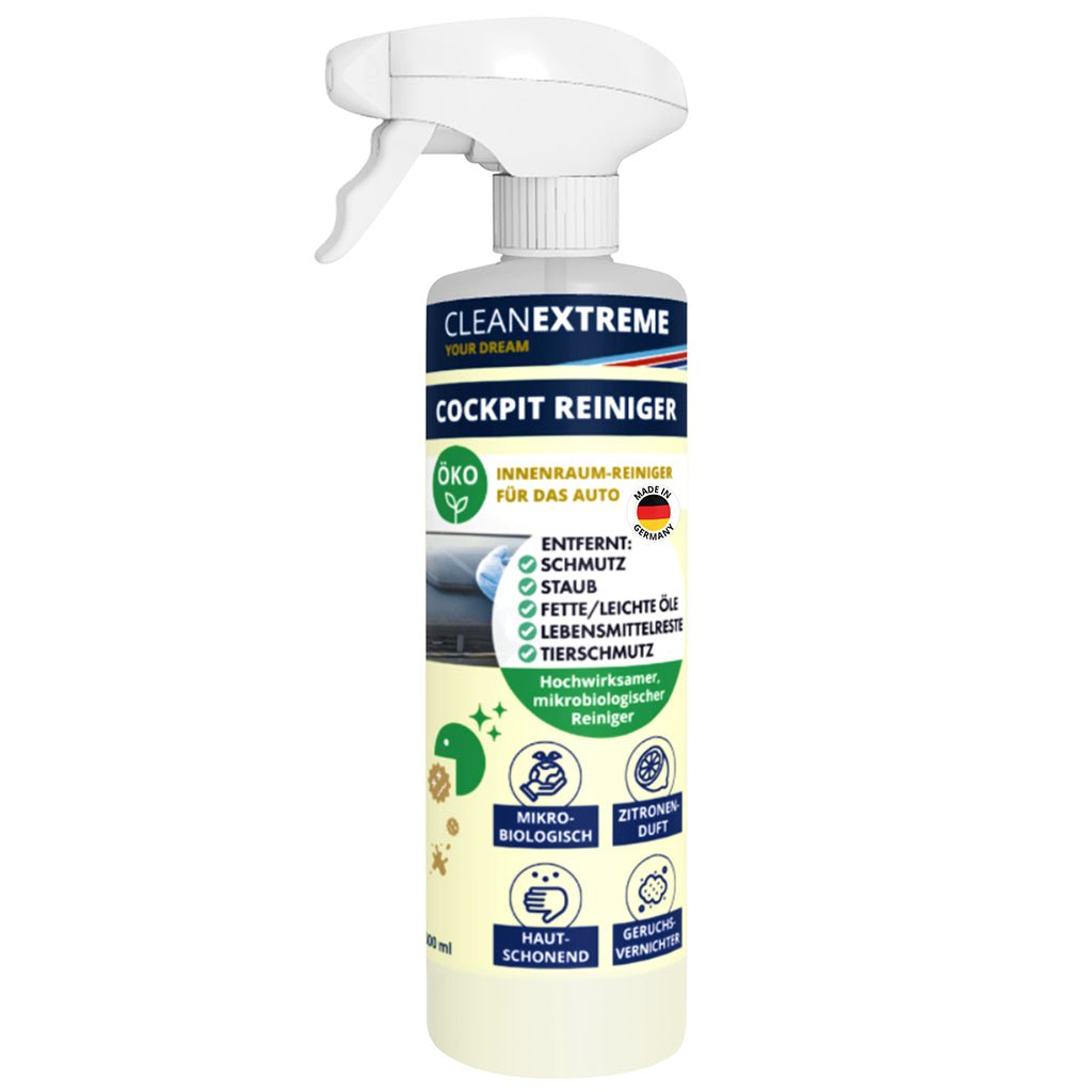 CLEANEXTREME Cockpitreiniger Mikrobiologisch Duft Zitrone - 500 ml + Mikrofaser - Reinigungshandschuh Innenraum - entfernt Staub, Fette, leichte Öle, Kosmetik - Rückstände, klebrige Getränkerückstände, Lebensmittelreste, Tierschmutz umv. - CLEANEXTREME