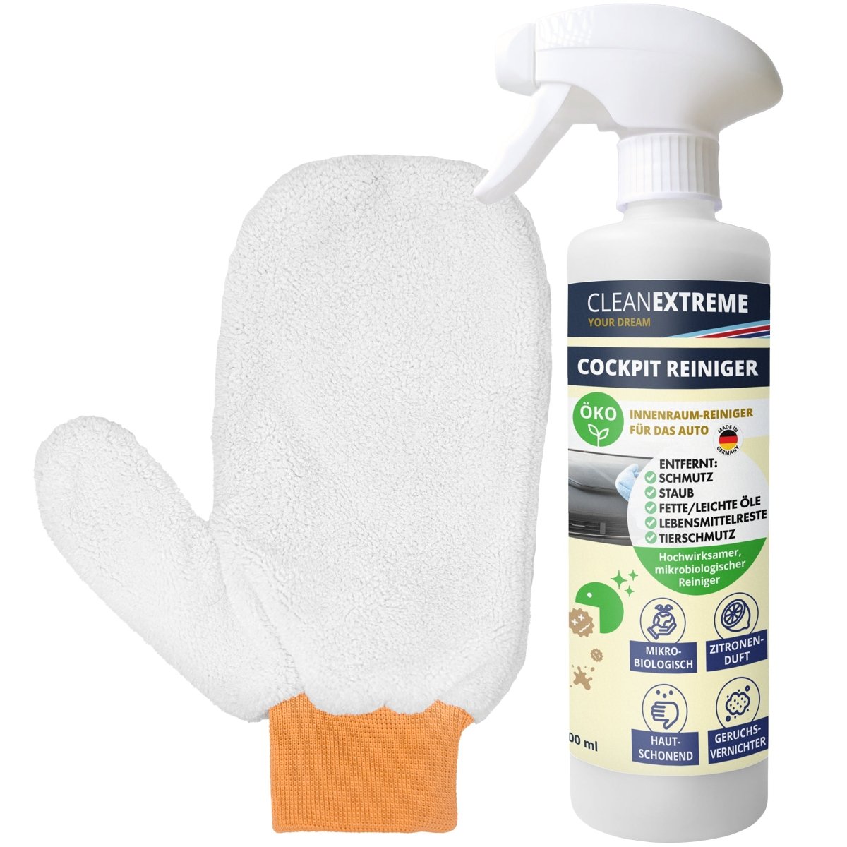 Cockpitreiniger Mikrobiologie statt Chemie - 500 ml + Mikrofaser - Reinigungshandschuh entfernt dauerhaft Schmutz, Staub, Getränkerückstände, Lebensmittelreste, Tierschmutz, Kosmetik - Rückstände, Gerüche - CLEANEXTREME