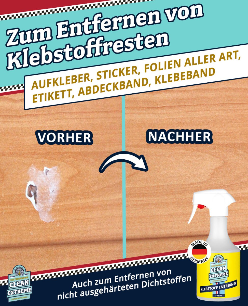 Aufkleber + Klebstoff - ENTFERNER - Klebstofflöser 500 ml entfernt schnell & sauber Klebstoffreste - gute Kriech - Eigenschaften ermöglichen ein leichteres Abziehen älterer Aufkleber - materialschonend - CLEANEXTREME