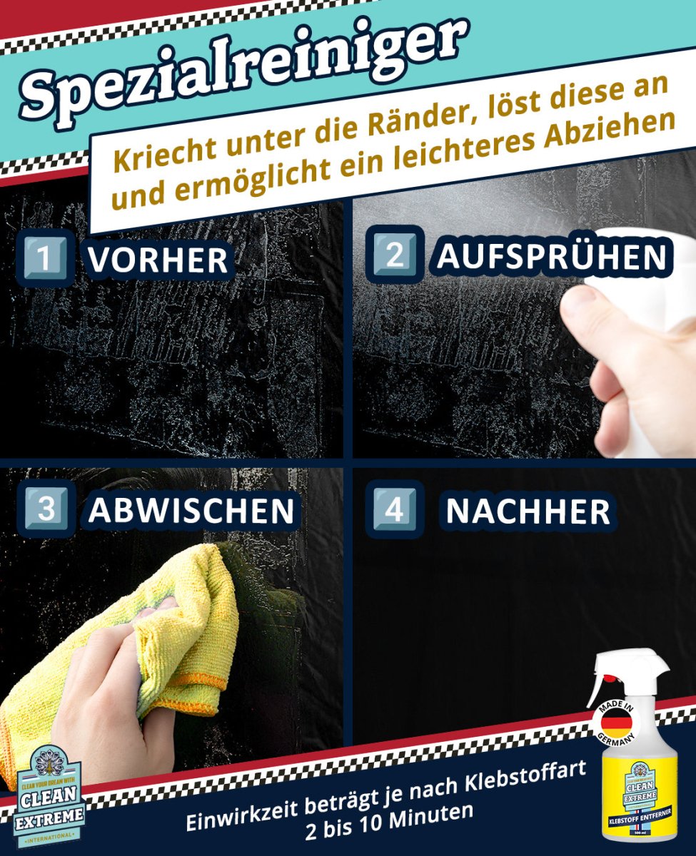 Aufkleber + Klebstoff - ENTFERNER - Klebstofflöser 500 ml entfernt schnell & sauber Klebstoffreste - gute Kriech - Eigenschaften ermöglichen ein leichteres Abziehen älterer Aufkleber - materialschonend - CLEANEXTREME