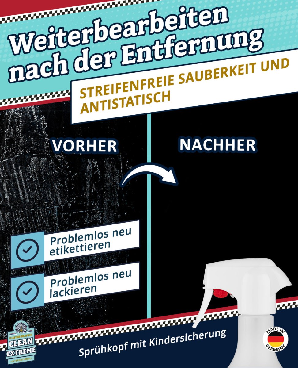 Aufkleber + Klebstoff - ENTFERNER - Klebstofflöser 500 ml entfernt schnell & sauber Klebstoffreste - gute Kriech - Eigenschaften ermöglichen ein leichteres Abziehen älterer Aufkleber - materialschonend - CLEANEXTREME