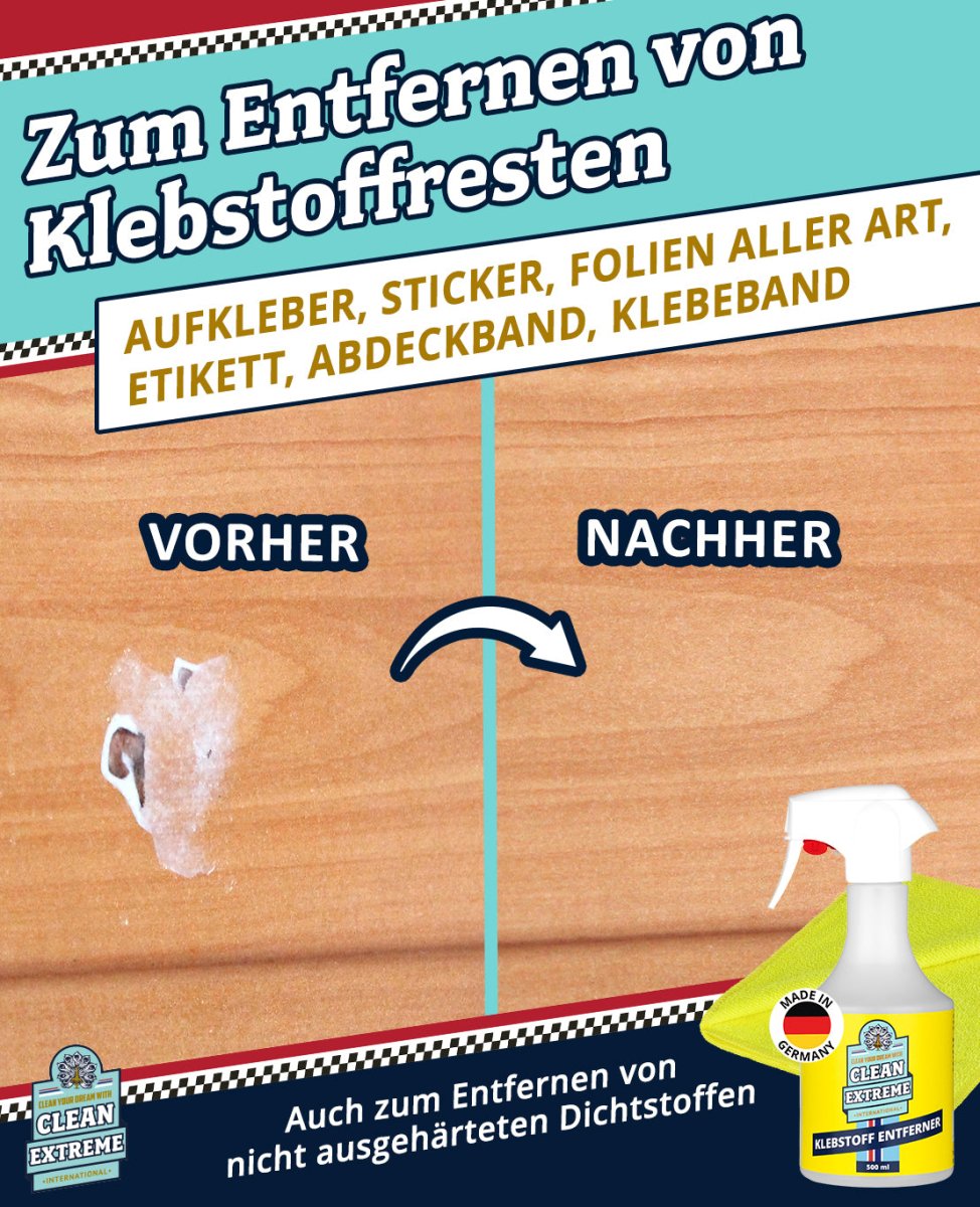 Aufkleber + Klebstoff - ENTFERNER - Klebstofflöser 500 ml entfernt schnell & sauber Klebstoffreste - gute Kriech - Eigenschaften ermöglichen ein leichteres Abziehen älterer Aufkleber - materialschonend + 1 x Mikrofaser Allroundtuch GELB - CLEANEXTREME