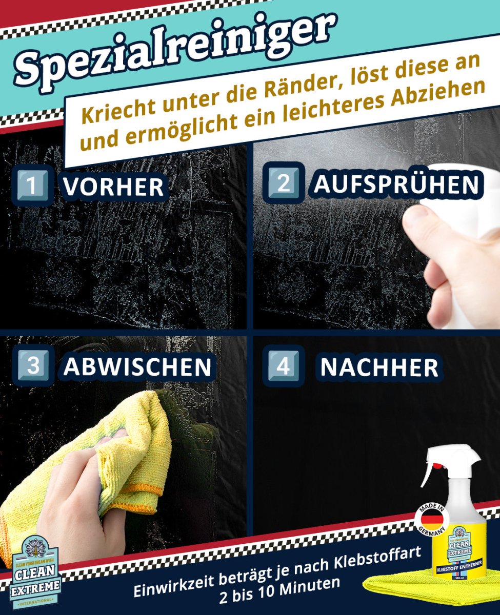 Aufkleber + Klebstoff - ENTFERNER - Klebstofflöser 500 ml entfernt schnell & sauber Klebstoffreste - gute Kriech - Eigenschaften ermöglichen ein leichteres Abziehen älterer Aufkleber - materialschonend + 1 x Mikrofaser Allroundtuch GELB - CLEANEXTREME