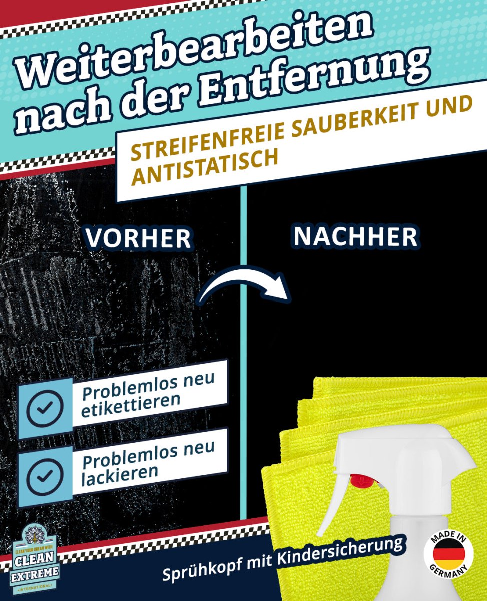 Aufkleber + Klebstoff - ENTFERNER - Klebstofflöser 500 ml entfernt schnell & sauber Klebstoffreste - gute Kriech - Eigenschaften ermöglichen ein leichteres Abziehen älterer Aufkleber - materialschonend + 1 x Mikrofaser Allroundtuch GELB - CLEANEXTREME