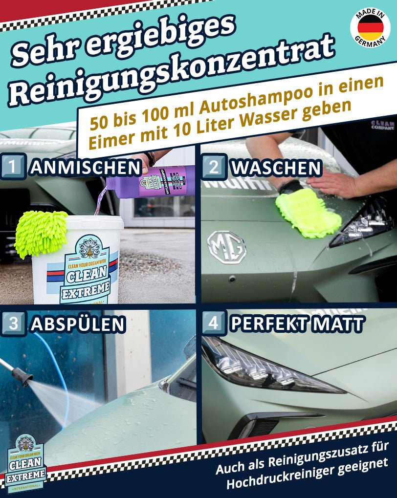 Mattlack Auto - Shampoo Folie & Lack Konzentrat 1 Liter + Waschhandschuh - CLEANEXTREME