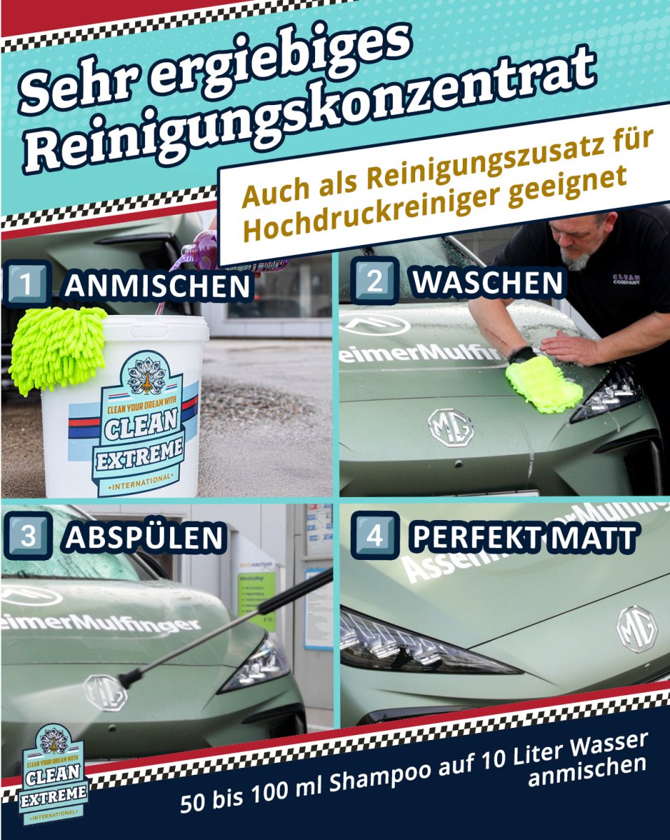 Mattlack Set Auto - Shampoo Folie & Lack - 1 Liter + MICRO Auto - Waschhandschuh DUO Set - CLEANEXTREME