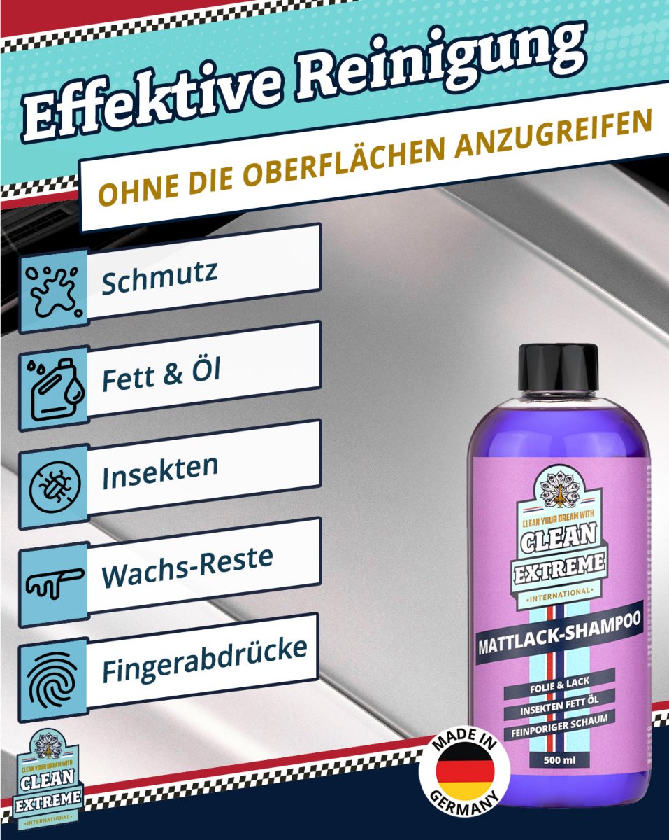 Mattlack Auto - Shampoo Folie & Lack - 0,5 Liter + MICRO Auto - Waschhandschuh DUO Set - CLEANEXTREME