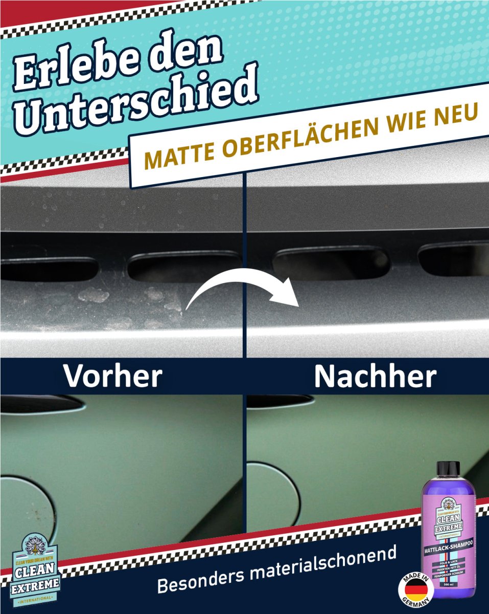 Mattlack Auto - Shampoo Folie & Lack - 0,5 Liter + MICRO Auto - Waschhandschuh DUO Set - CLEANEXTREME