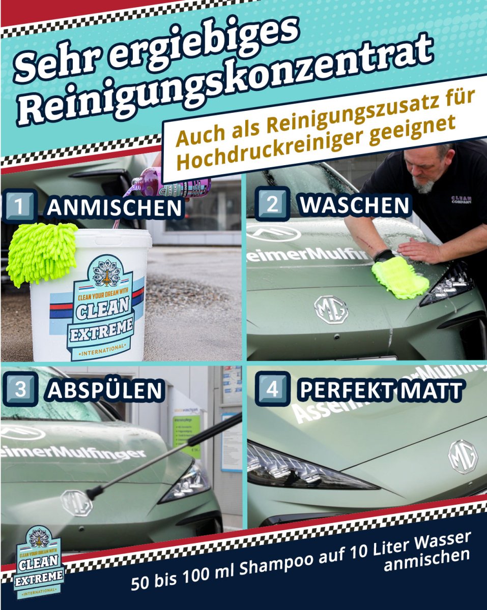 Mattlack Auto - Shampoo Folie & Lack - 0,5 Liter + MICRO Auto - Waschhandschuh DUO Set - CLEANEXTREME