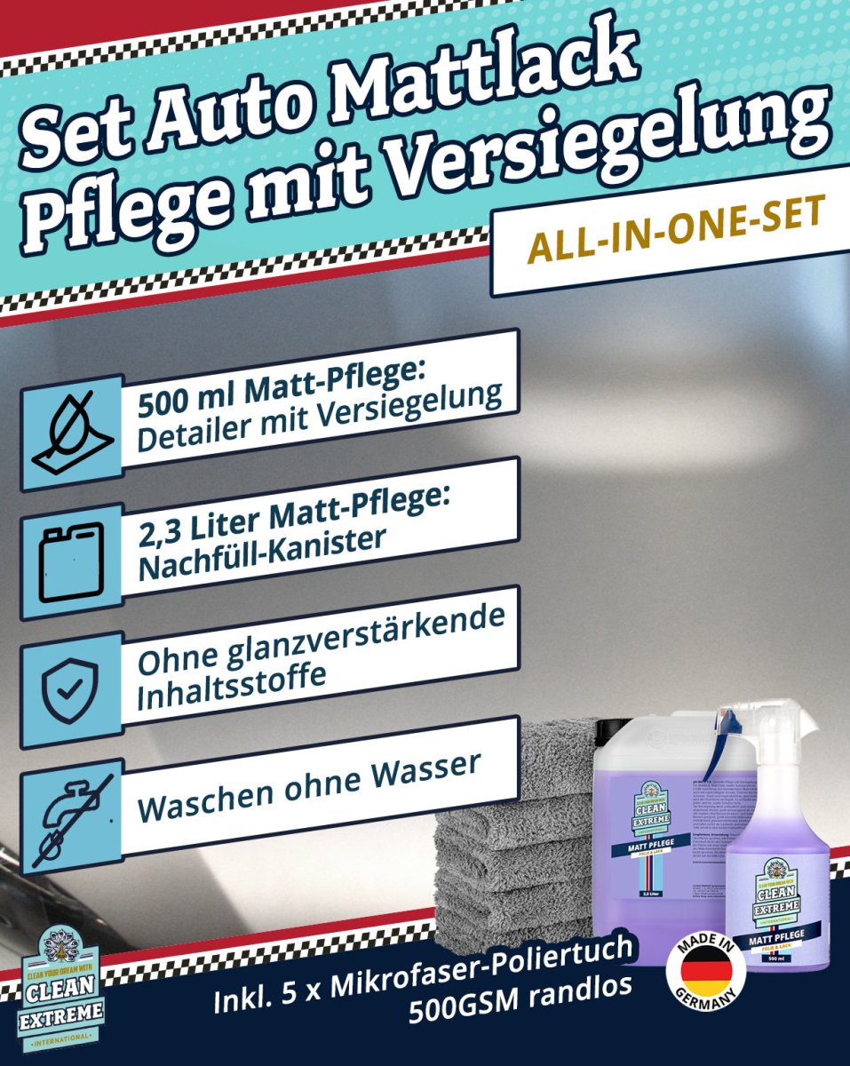 Auto Matt Pflege Folie & Lack mit Versiegelung - Detailer - 2,3 Liter + 500 ml + MICRO Poliertuch GRAU FLUFFY Set - CLEANEXTREME