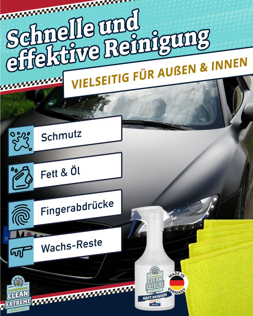 Auto Matt Reiniger Set Folie & Lack 500 ml + MICRO Allroundtuch GELB Set entfernt Schmutz, Öl & Fett, Fingerabdrücke, Wachs - Reste einfach & schnell - CLEANEXTREME