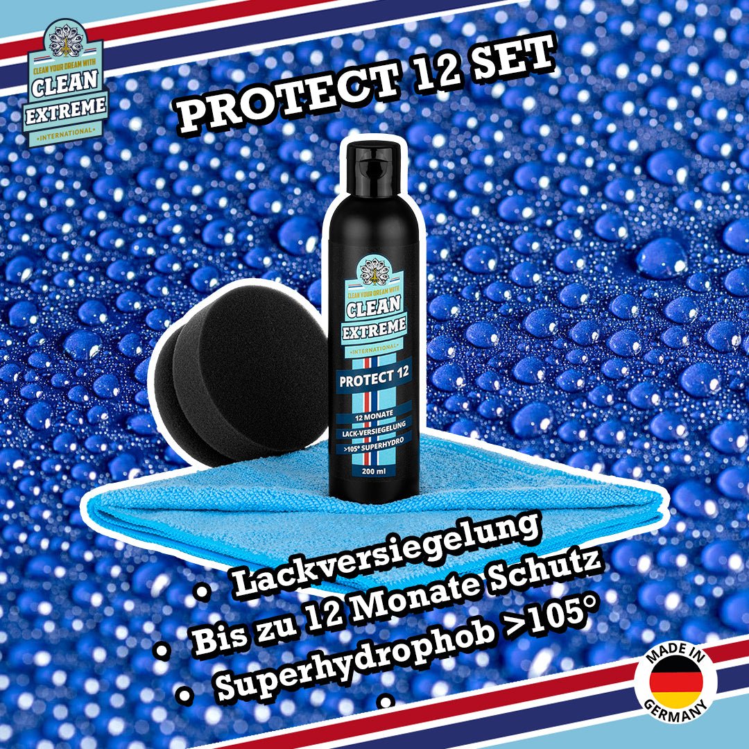 PROTECT 12 Auto - Lackversiegelung >105° superhydrophob - Set Haltbarkeit bis zu 12 Monate kristallharte Schutzschicht hervorragender Beading - & Sheeting Effekt Langzeit - Schutz - leichte und schnelle Verarbeitung - CLEANEXTREME