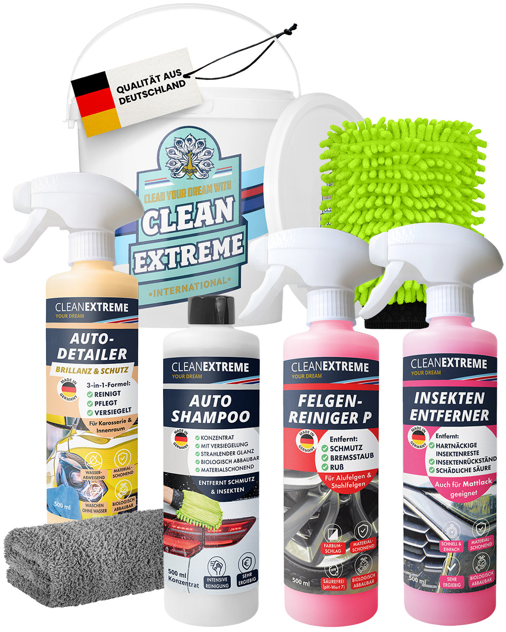 Set de lavado de coche con base de pintura brillante y lámina, champú brillante con cera, limpiador de llantas, eliminador de insectos con pH neutro, incluye accesorios de lavado y cubo de lavado con tapa.