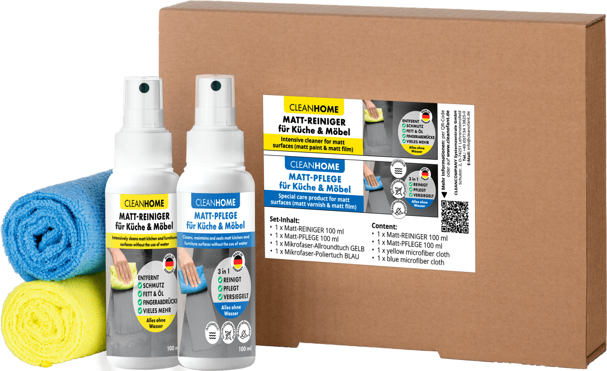 Matt - SAUBER + Matt - PFLEGE - SET für matte Fronten bei Küchen - und Möbel - CLEANEXTREME